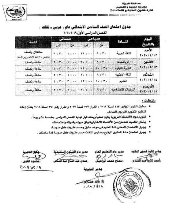جدول امتحانات محافظة الجيزة المرحلة الإبتدائية لعام 2020